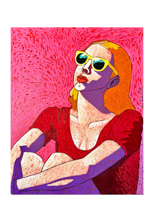 Gafas Amarillas (2025) Óleo y rotuladores sobre tablilla entelada, 41 x 33 cm.